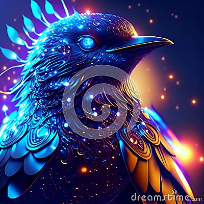 3D rendering of a fantasy bird with blue and yellow feathers. AI Generated Stock Photo