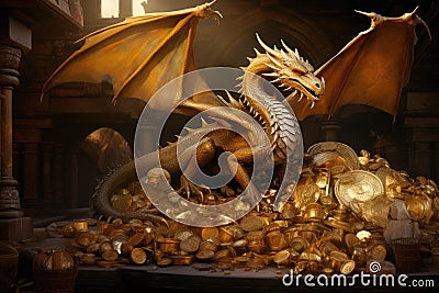 3D rendering of a fantasy dragon inside a castle with gold coins, A fantastical scene of a majestic dragon, AI Generated Stock Photo