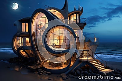 3D rendering of a fantasy house on the beach at night. A creatively designed house by the seaside, AI Generated Stock Photo