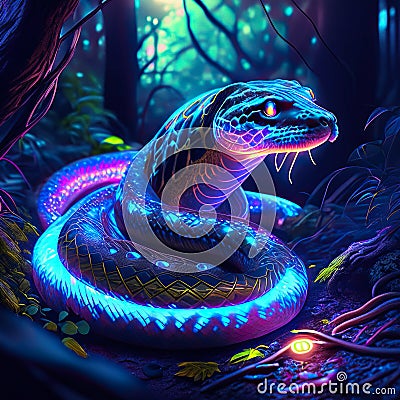 3D rendering of a fantasy snake in a dark forest with neon lights Generative AI Stock Photo