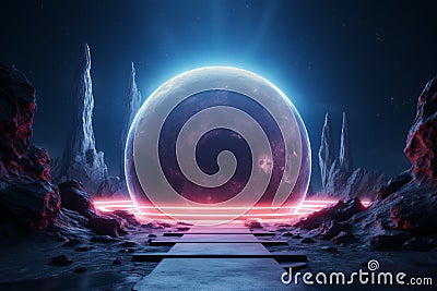 3D rendering features a moon like planet illuminated by captivating neon lights Stock Photo