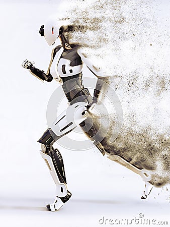 3D rendering of a female android robot dissolving while running Stock Photo