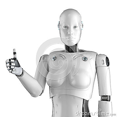 Female cyborg or robot thumb up Stock Photo