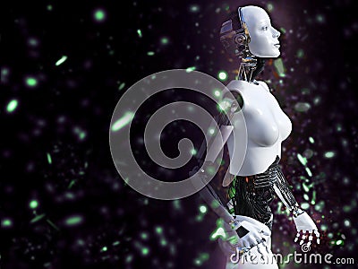 3D rendering of a female robot with bokeh light effect. Stock Photo