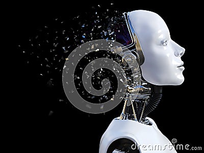 3D rendering of female robot head that shatters. Stock Photo