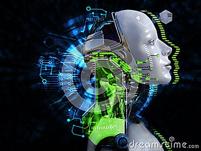 3D rendering of female robot head technology concept. Stock Photo