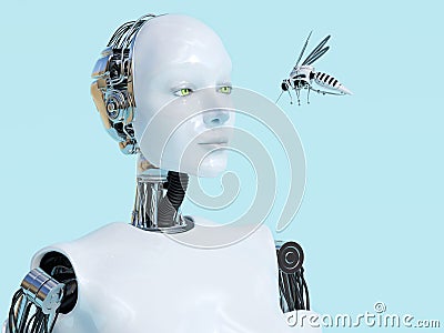 3D rendering of female robot looking at robotic mosquito. Stock Photo