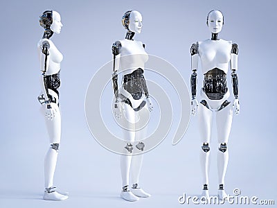 3D rendering of female robot standing, three different angles Stock Photo