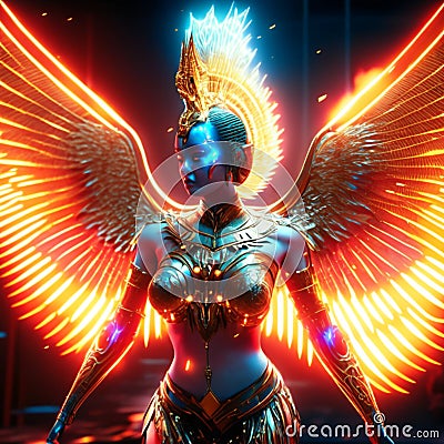 3d rendering of a female robot with wings on a dark background Generative AI Stock Photo