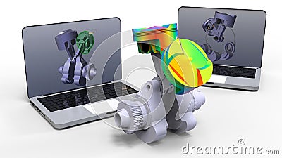3D rendering - finite element two pistons engine Cartoon Illustration