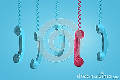 3d rendering of five old-fashioned phone receivers hanging down on their wires, one red, the others turquois, on Stock Photo