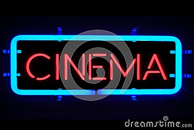 3D rendering flickering blinking red blue neon sign on black background, cinema movie film entertainment sign Stock Photo