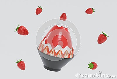 3D rendering floating bingsu shaved ice strawberries with strawberry leaf in black bowl on white background Stock Photo