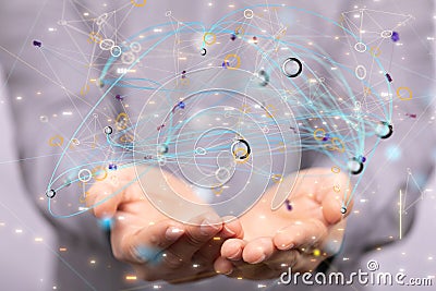 3D rendering floating connecting lines and binary digits on a man's hand - Concept of communication Stock Photo