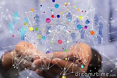 3D rendering floating connecting lines and binary digits on a man's hand - Concept of communication Stock Photo