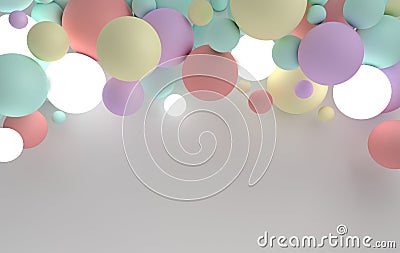 3d rendering of floating mat spheres, ceiling lighting on white background. Abstract geometric composition. Group of balls in Stock Photo