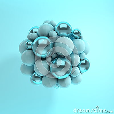 3d rendering of floating polished blue and metal spheres on blue background. Abstract geometric composition. Group of balls in Stock Photo