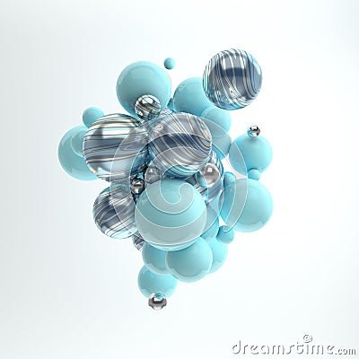 3d rendering of floating polished blue and silver marble spheres on white background. Abstract geometric composition. Group of Stock Photo