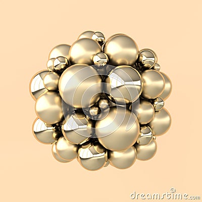 3d rendering of floating polished golden metal spheres on beige background. Abstract geometric composition. Group of balls in Stock Photo