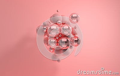 3d rendering of floating polished pink, rose gold and marble spheres on pink background. Abstract geometric composition. Group Stock Photo