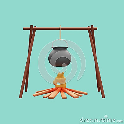 3D Rendering Food Pot Hang On Bonfire Against Pastel Green Stock Photo