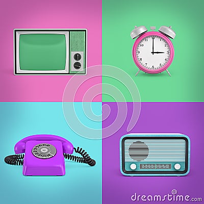 3d rendering of four contrast background squares with a retro phone, a radio, a TV set and an alarm clock. Stock Photo