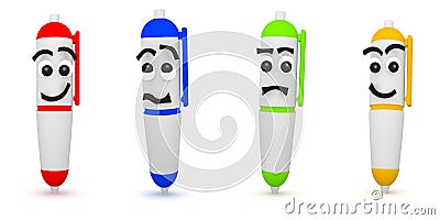 3D Rendering of four funny pens on white Stock Photo