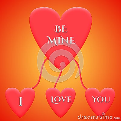 3D rendering four heart shape with be mine and i love you text on yellow and red background Stock Photo