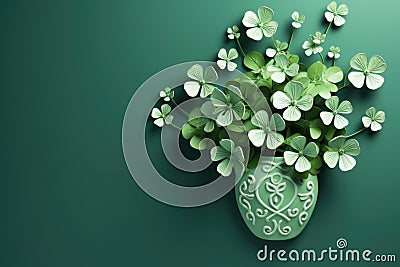 3d rendering of four leaf clover in ceramic vase on green background, Happy st patricks day decoration concept made from shamrock Stock Photo