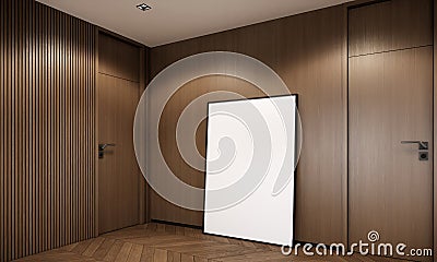 3d rendering, frame mockup, poster mockup, blank frame in room wood wall and parquet floor Stock Photo