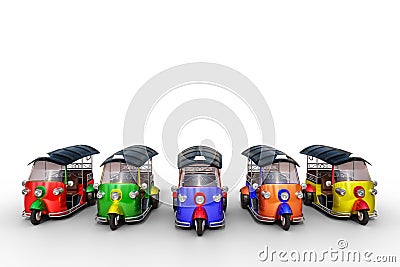 3d rendering front row of multicolor beautiful Tuk Tuk, Thai traditional taxi for public transportation, isolated on white Stock Photo