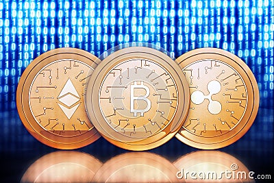 3D rendering,Front view Bitcoin and ripple coin and ethereum set on reflect floor with abstract blue digital baclground Editorial Stock Photo
