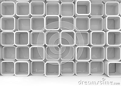 3d rendering. front view of a random gray hole square blocks stack wall background on the floor Stock Photo