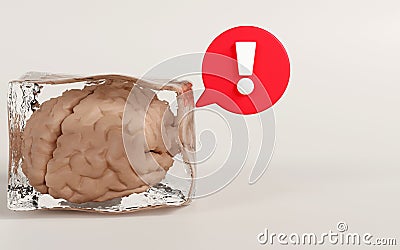 3D rendering of a frozen human brain inside an ice cube with an exclamation mark on a color background, stop, struck, out of ideas Stock Photo