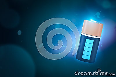 3d rendering of fully charged battery on neon dark background Stock Photo