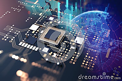 3d rendering of futuristic blue circuit board Cartoon Illustration