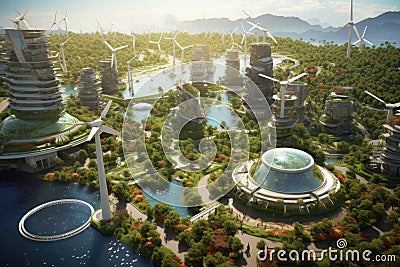 3d rendering of futuristic city with wind turbines and solar panels. Aerial view of a sustainable city with solar panels, wind Stock Photo