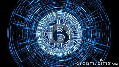 3D Rendering of futuristic modern glowing Bitcoin led logo on rotating digital binary hud background. Stock Photo