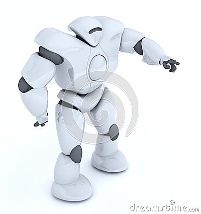3D rendering of futuristic robot points with a finger, presses t Stock Photo