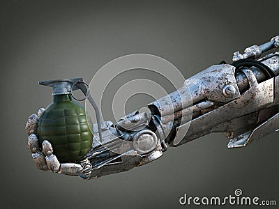 3D rendering of robot hand holding grenade Stock Photo