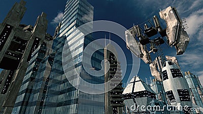 Futuristic scifi city with space station. 3D rendering Stock Photo