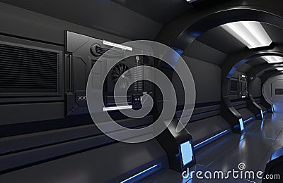 3D rendering futuristic Spaceship black interior with tunnel,corridor, futuristic ,machine Stock Photo