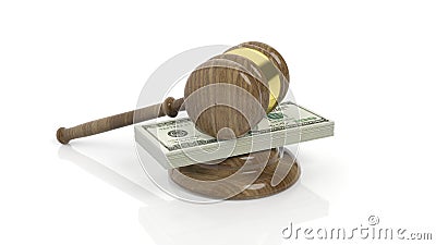 3D rendering of gavel on100 Dollars banknote pack Stock Photo