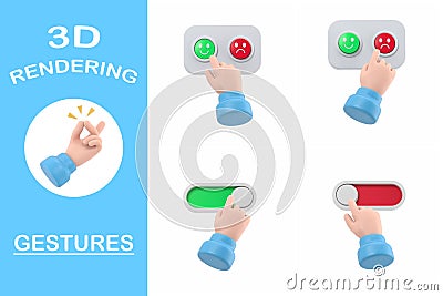 3d rendering gestures Collection,Cartoon Gesture Icon Mockup.3d render,cartoon character hand activating the button Stock Photo