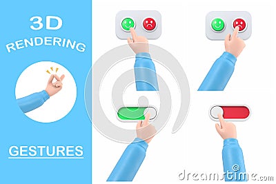 3d rendering gestures Collection,Cartoon Gesture Icon Mockup.3d render,cartoon character hand activating the button Stock Photo