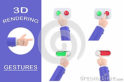 3d rendering gestures Collection,Cartoon Gesture Icon Mockup.3d render,cartoon character hand activating the button Stock Photo