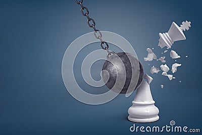 3d rendering of a giant iron wrecking ball hits a white chess king and breaks it in half. Stock Photo