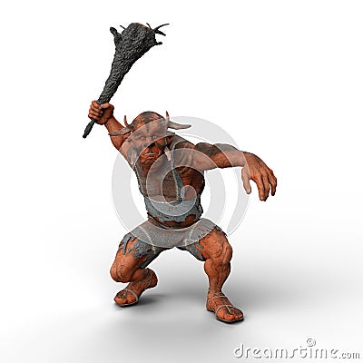 3D rendering of a giant Troll swinging a wooden weapon in his right hand isolated on a white background Cartoon Illustration