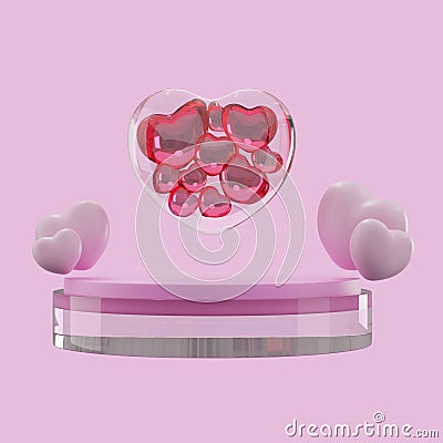 3D rendering glass jar with a heart on podium display for valentine day Stock Photo