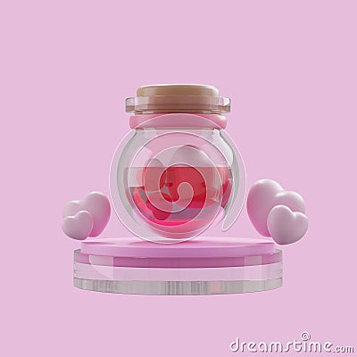 3D rendering glass jar with a heart on podium display for valentine day Stock Photo